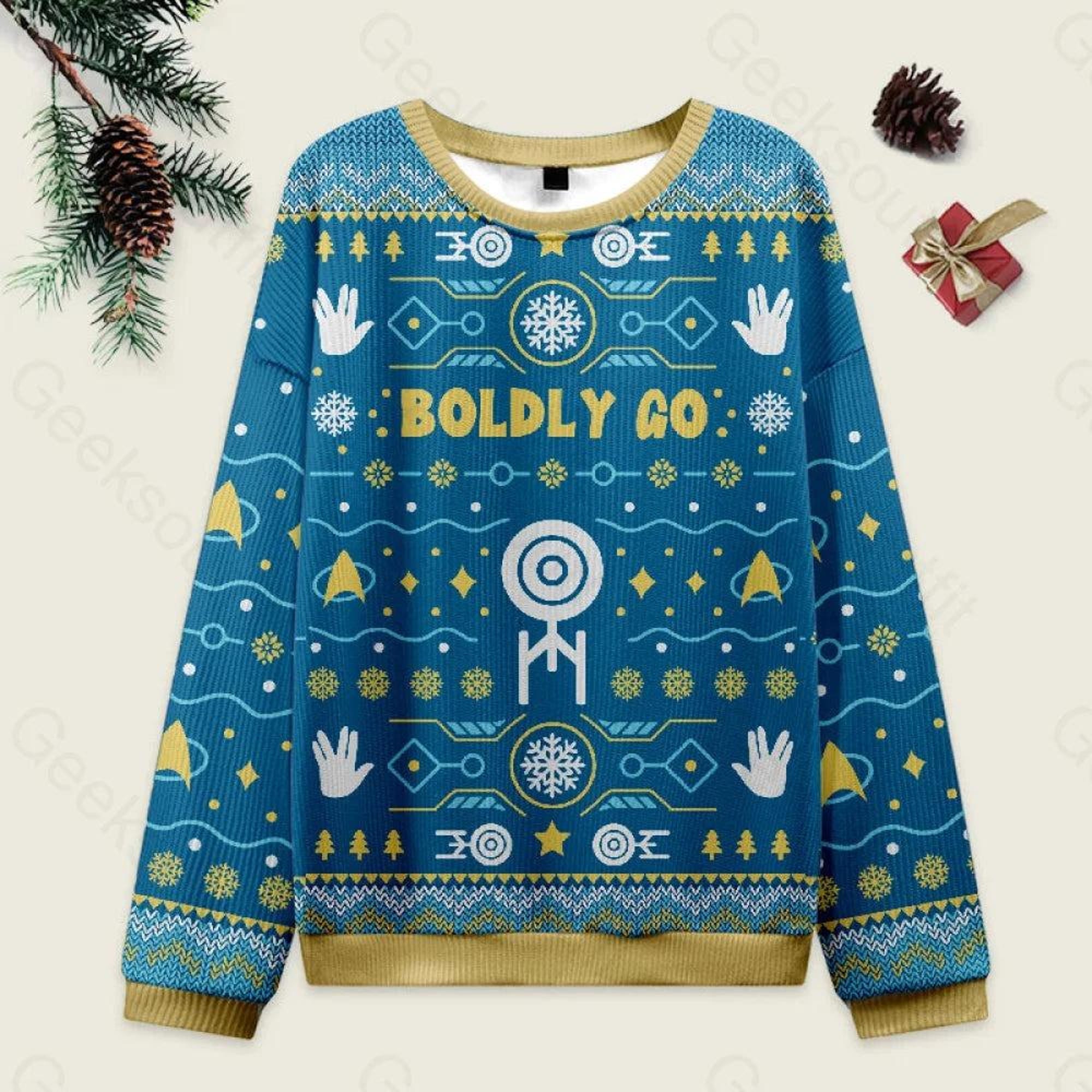 Star Trek Boldly Go Ugly Christmas Sweater, All Over Print Holiday Jumper Ugly Sweater, Funny Sci-Fi Xmas Pullover Gift for Trekkie Fans