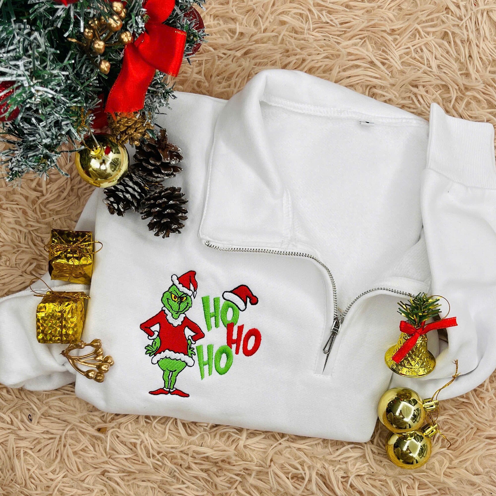 Funny Grinch Embroidered Quarter Zip Sweatshirt– Ho Ho Ho Christmas Jumper | Holiday Movie Outfit | Matching Xmas Gift for Family