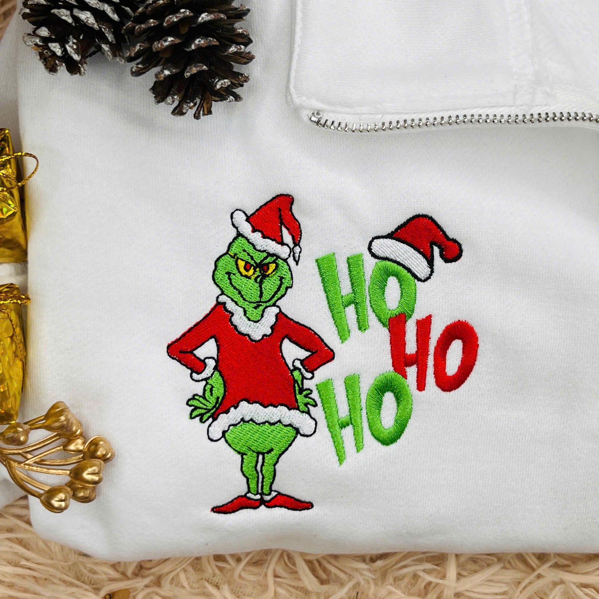 il_2000xN.7312040901_5dwu-1.jpg Funny Grinch Embroidered Quarter Zip Sweatshirt– Ho Ho Ho Christmas Jumper | Holiday Movie Outfit | Matching Xmas Gift for Family