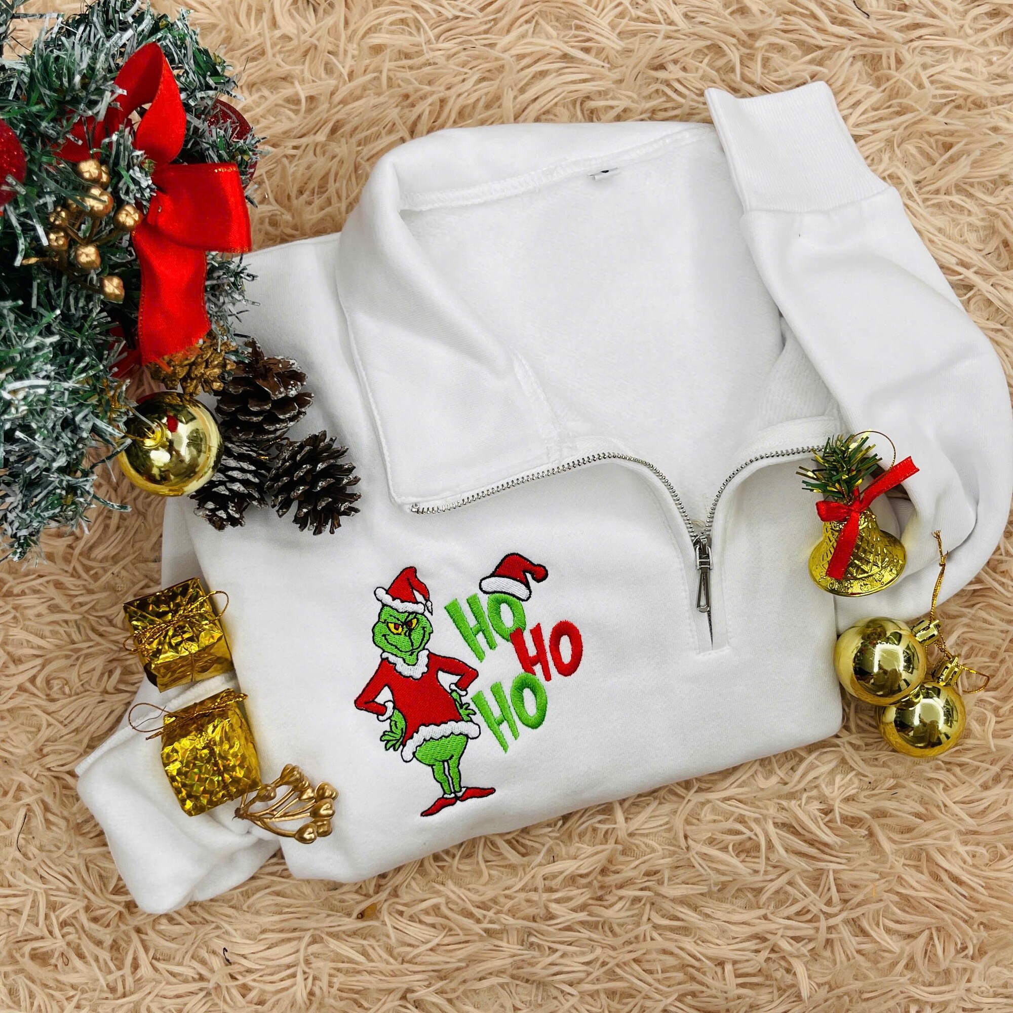 il_2000xN.7312040913_esz0-1.jpg Funny Grinch Embroidered Quarter Zip Sweatshirt– Ho Ho Ho Christmas Jumper | Holiday Movie Outfit | Matching Xmas Gift for Family