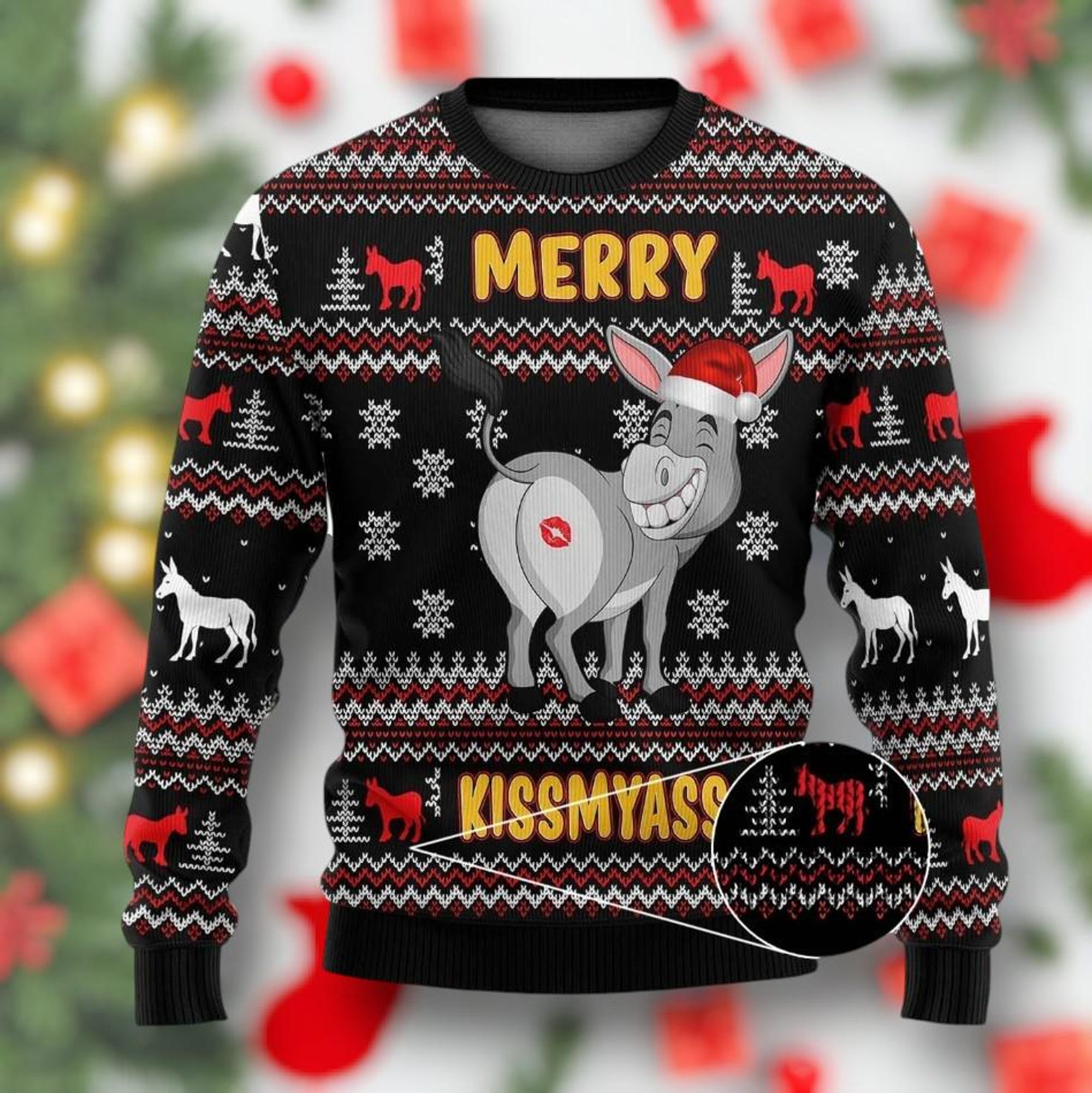 Funny Donkey Ugly Christmas Sweater, Merry Kiss My Ass Holiday Sweater, Adult Humor Xmas Jumper, Gag Gift for Men Women, Christmas Gift