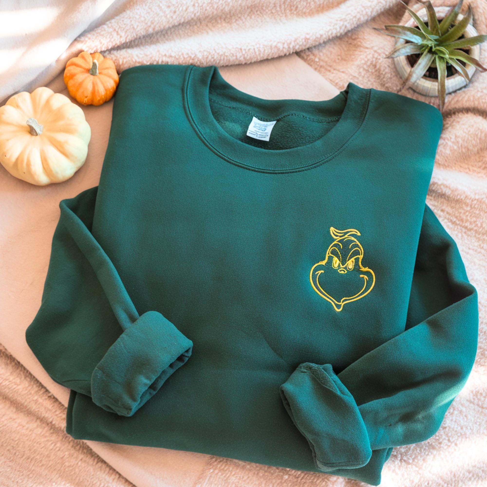 Embroidered Grinch Face Crewneck for the Holidays | Grinch Holiday Sweater