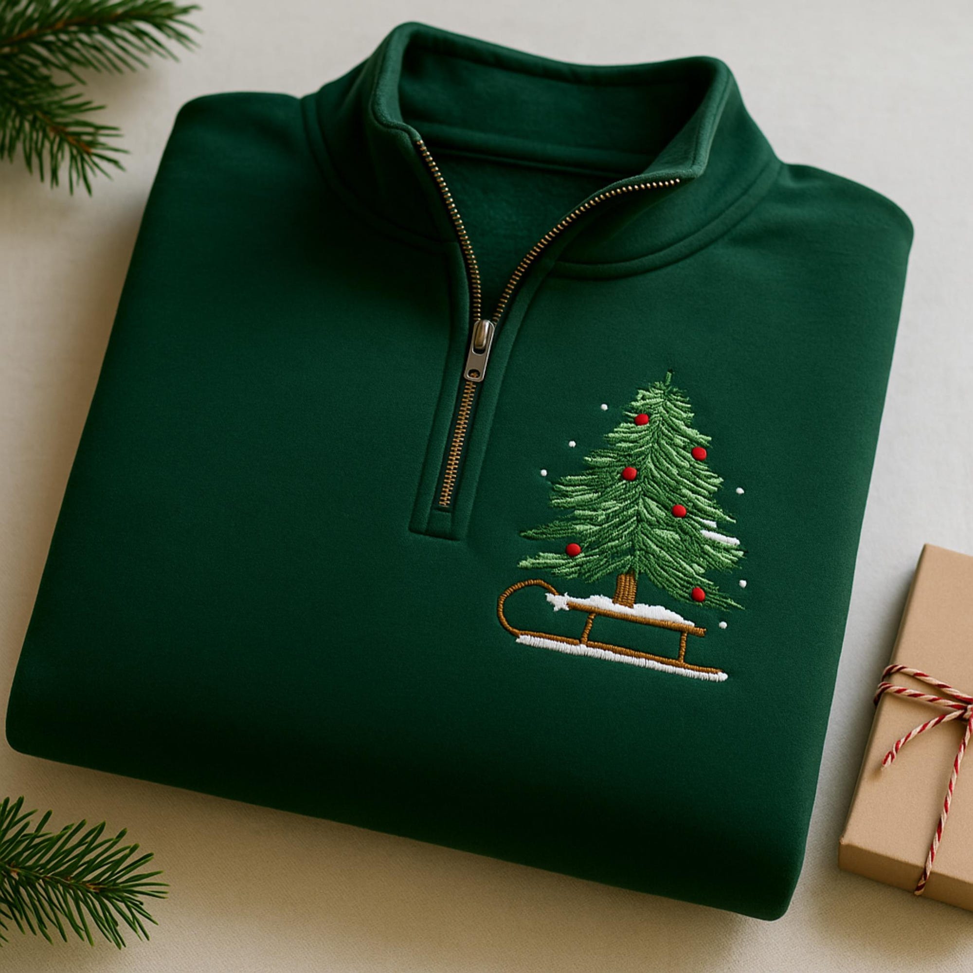 Embroidered Christmas Tree Quarter Zip Sweatshirt: Holiday Sleigh Crewneck