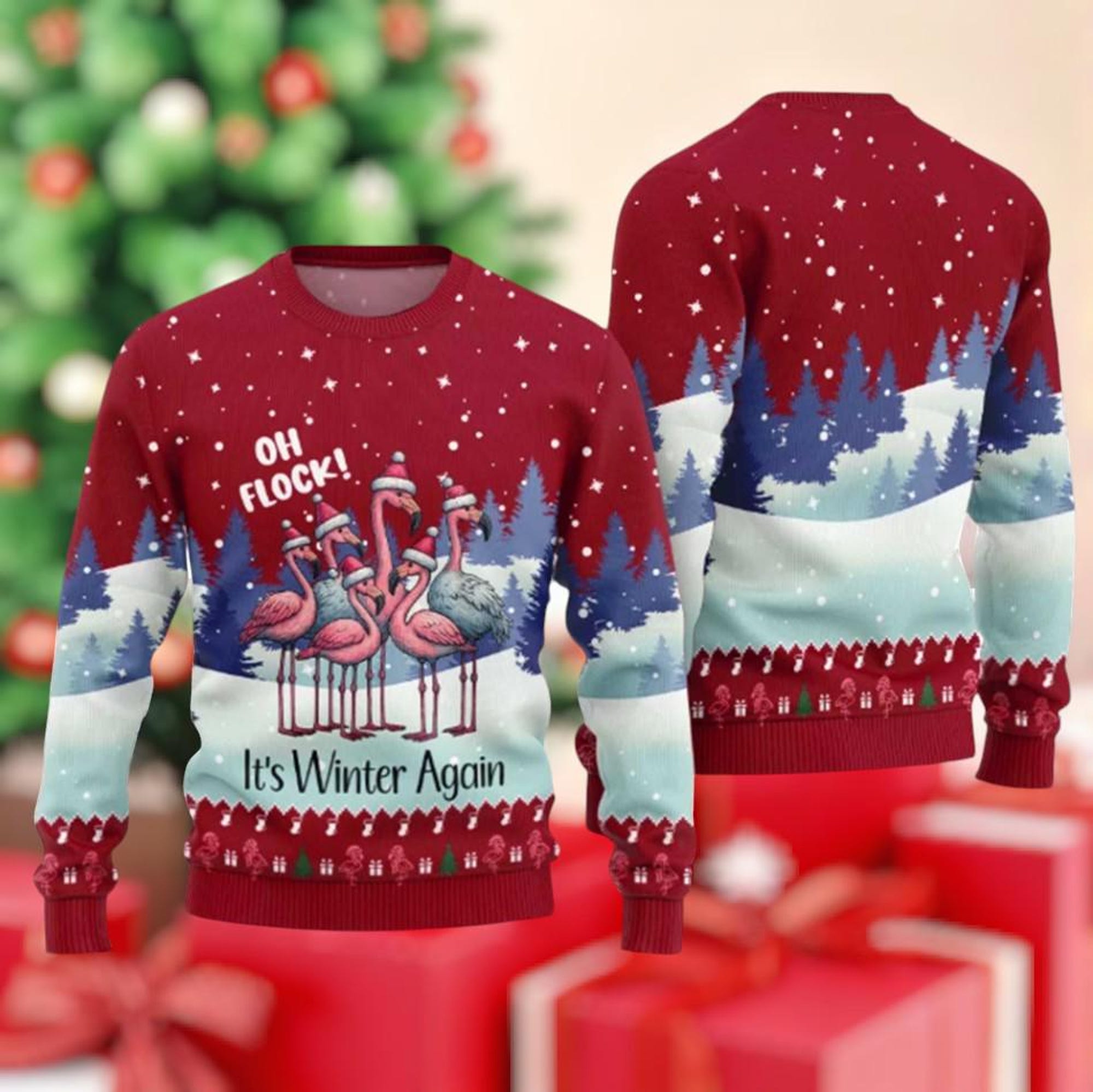 Funny Flamingo Christmas Sweater, Tropical Ugly Holiday Sweater, Cute Winter Animal Xmas Jumper, Festive Gift for Men Women, Ugly Sweater