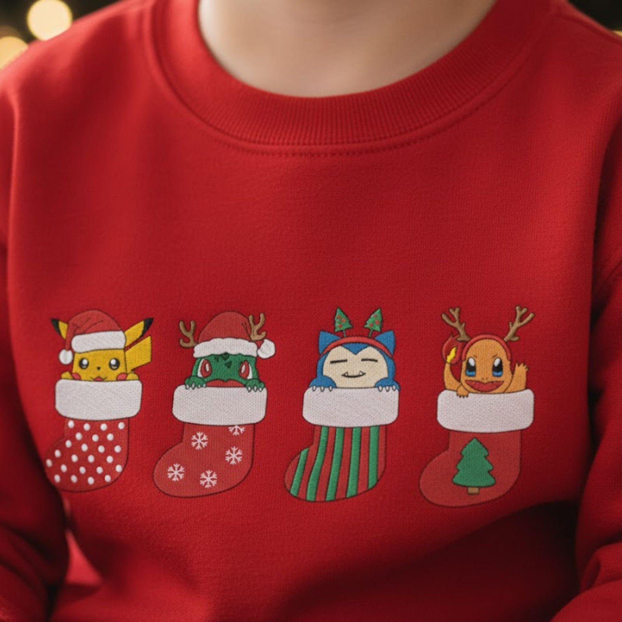 Embroidery Custom PKM Cute Christmas Sock Sweatshirt, Custom Anime PKM Character Christmas Shirt Shirt, Organic Cotton Anime Lover Gift