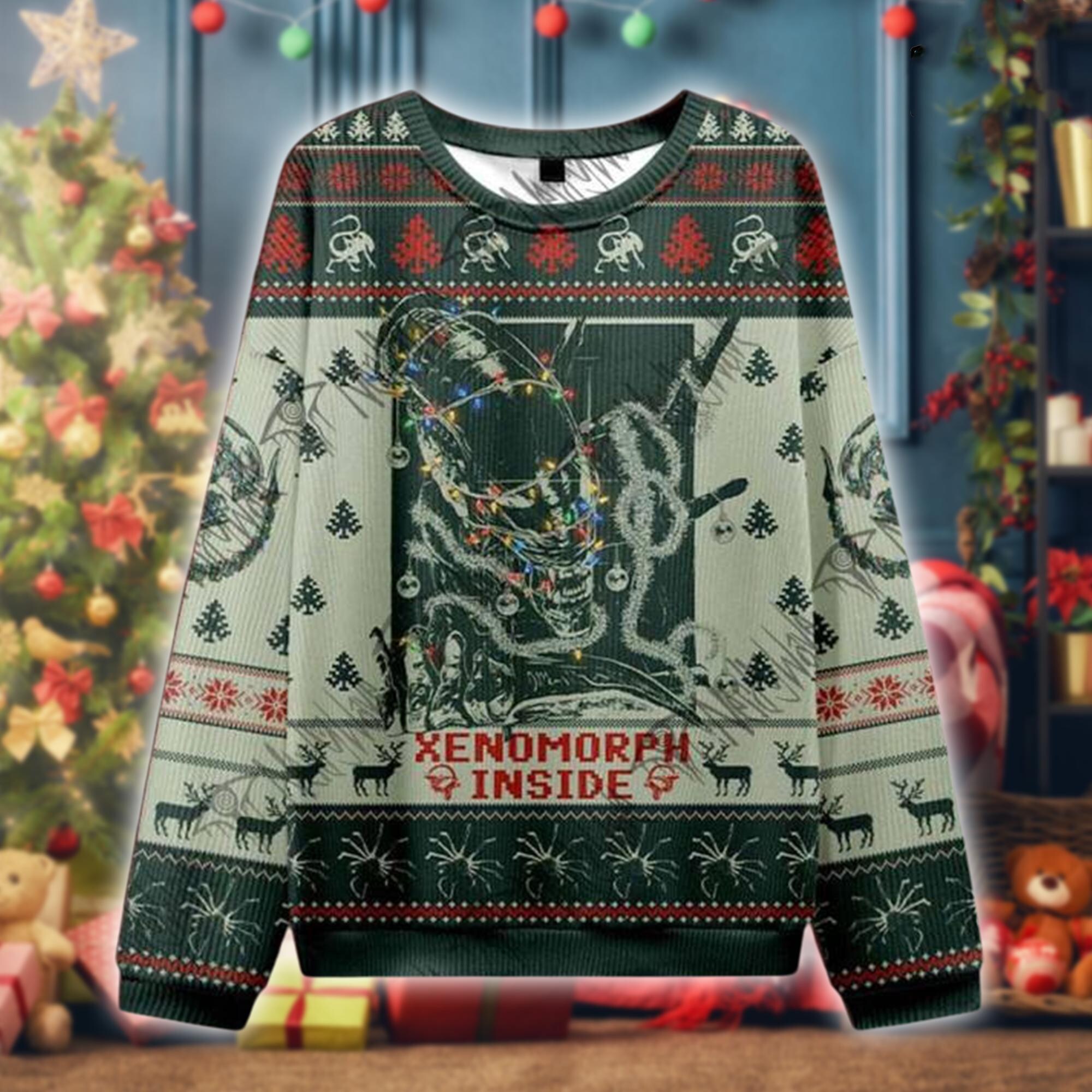 Xenomorph Inside Ugly Christmas Sweater, Alien Sci-Fi Holiday Pullover, Funny Horror Knit Jumper, Creepy Festive Gift for Movie Fans