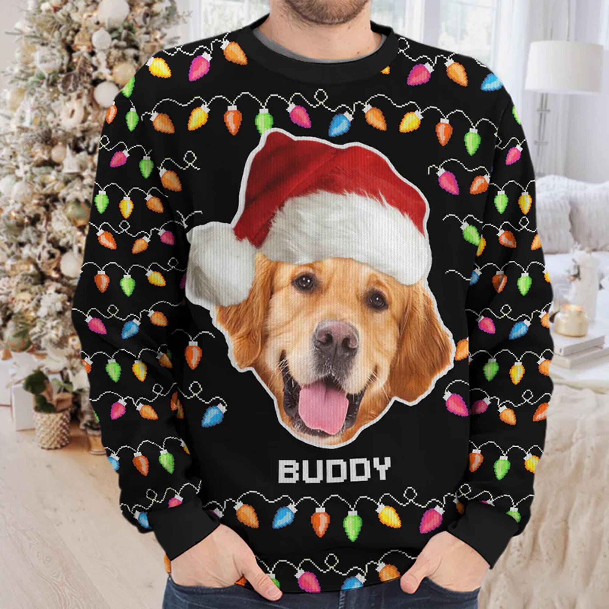 Custom Name Dog and Cat Face Santa Hat Ugly Sweater, Pet Photo Ugly Xmas Ugly Sweater, Custom Dog & Cat Face Christmas Ugly Matching Gift