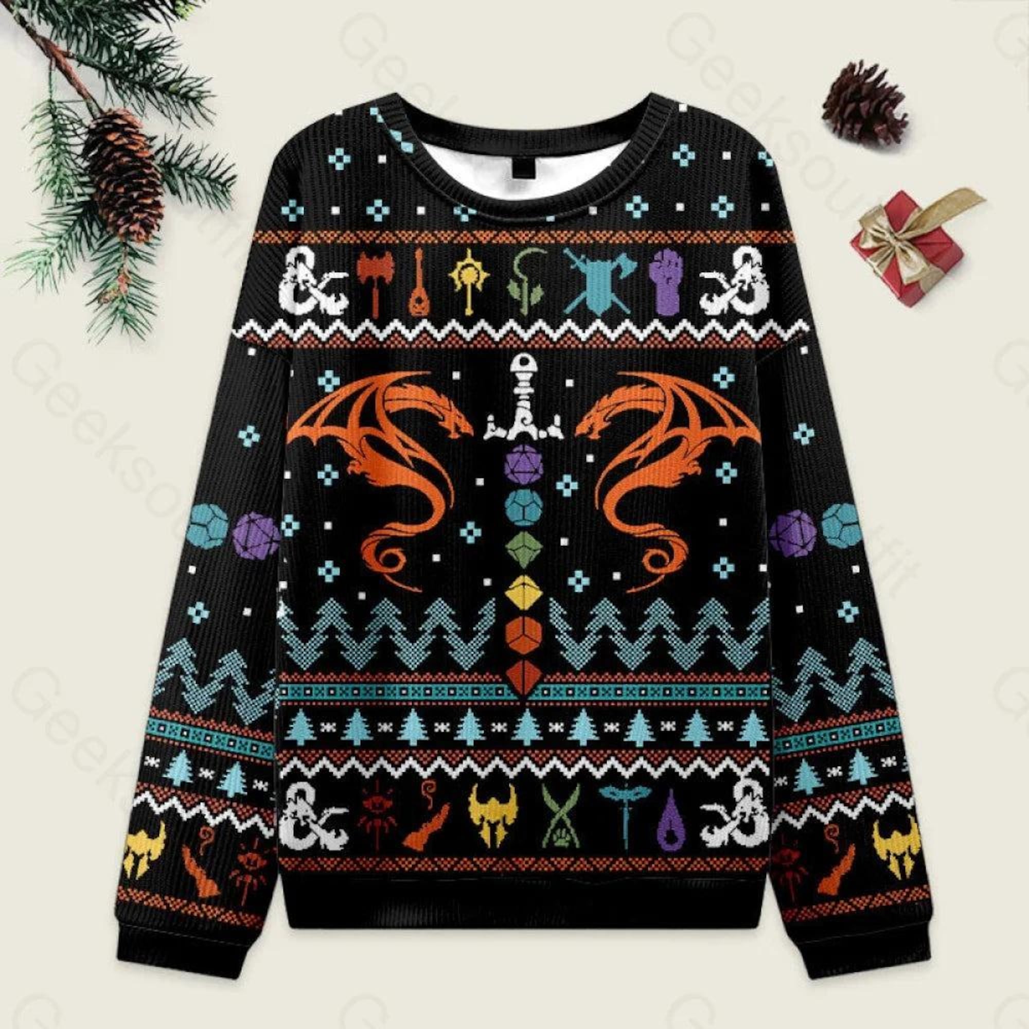Dungeons & Dragons Seven Dice A-Rolling Ugly Christmas Sweater, Ugly Christmas Sweater, Game Sweater, Merry Christmas Sweater