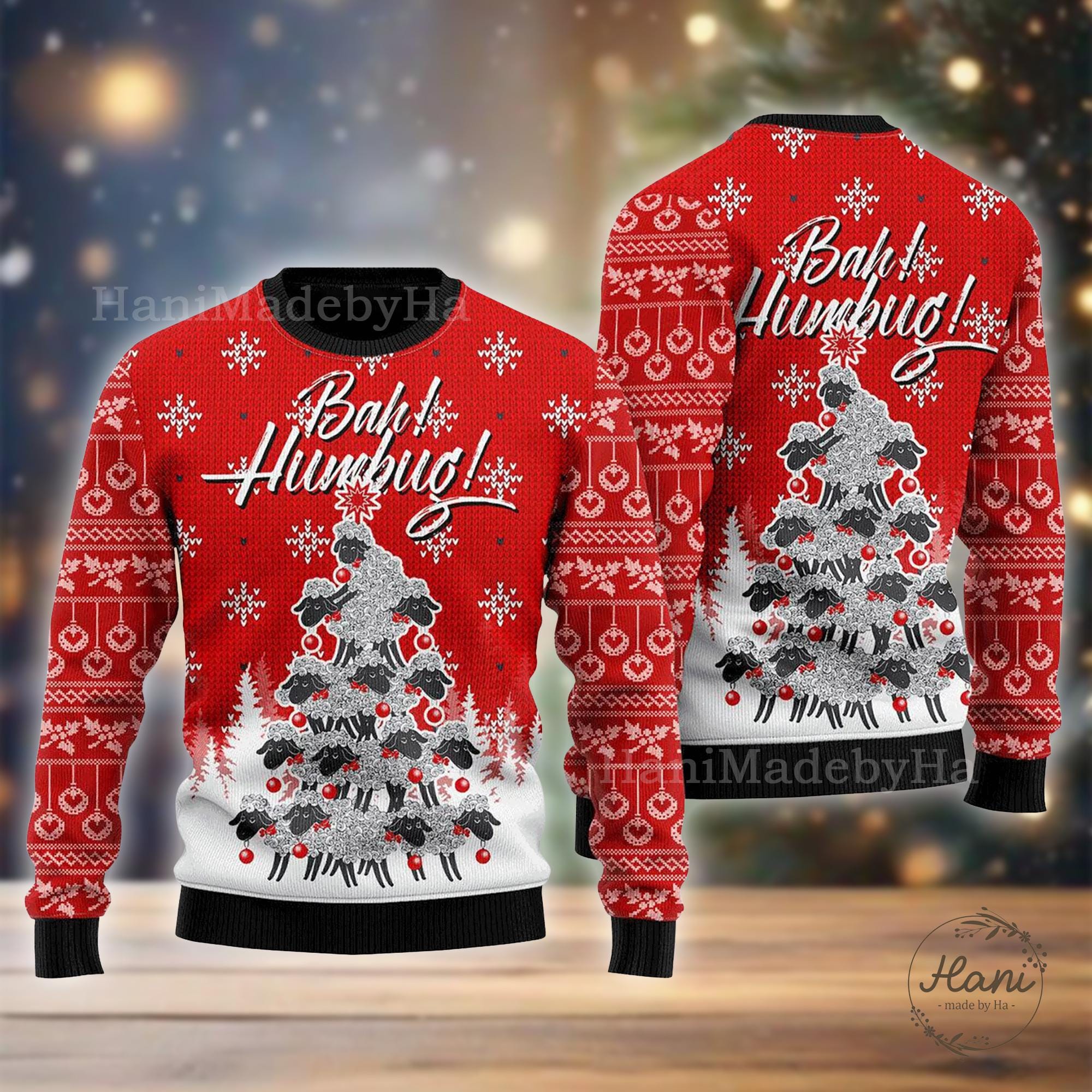 Bah Humbug Sheep Ugly Xmas Sweater, Festive Christmas Themed Sweater, Holiday Gift for Sheep Lovers, Ugly Sweater Party Attire