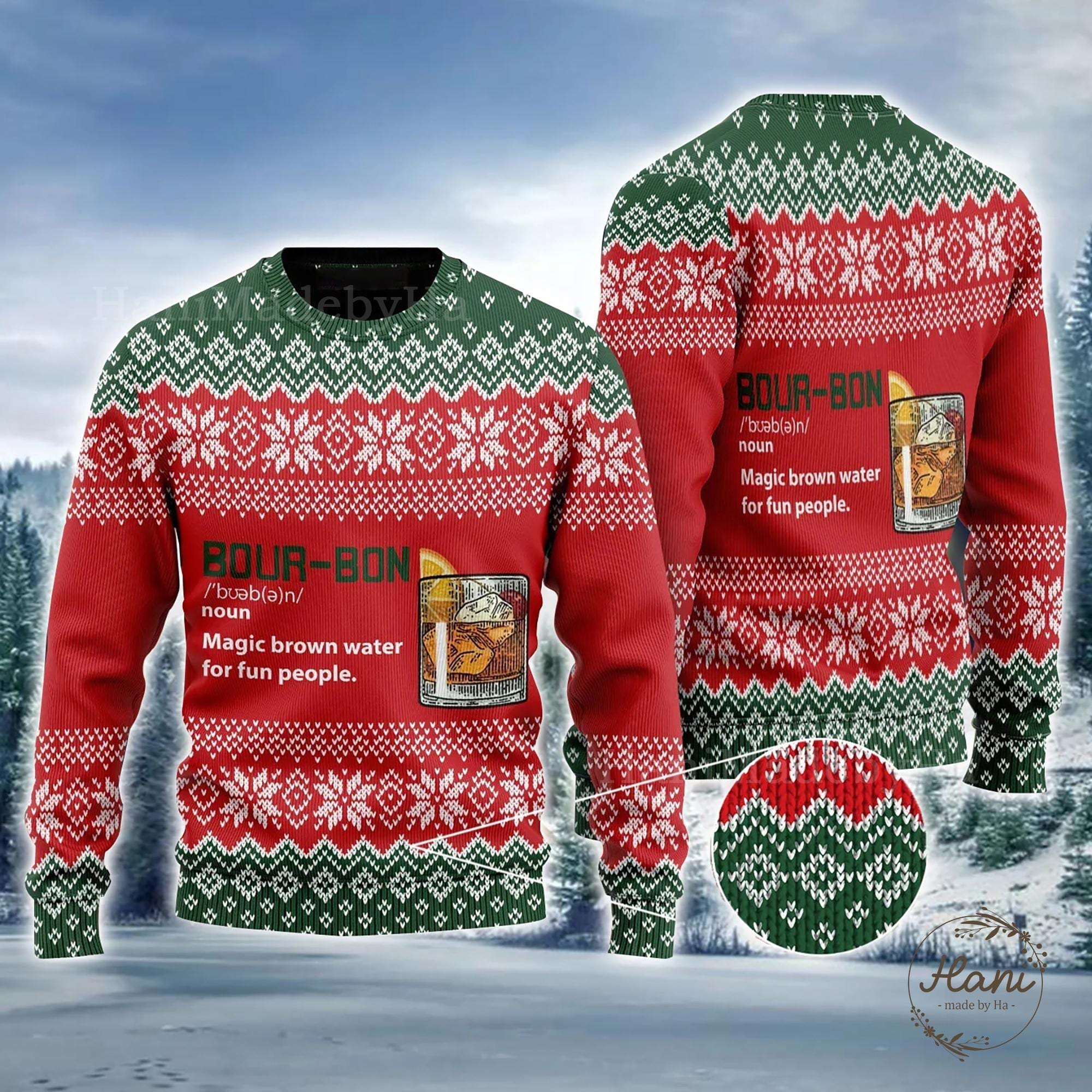 Christmas Pattern Ugly Sweater, Bourbon and Magic Water Design, Fun Holiday Gift for Ugly Sweater Parties