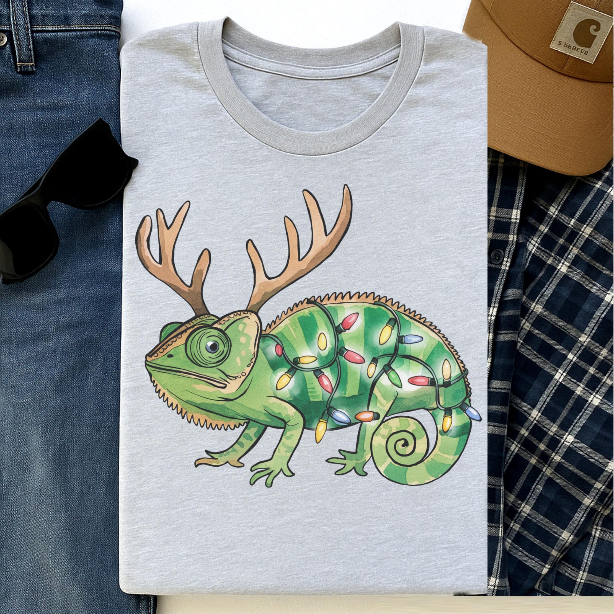 Christmas Chameleon Shirt, Antlers and Christmas Lights Lizard Lover Gift Sweatshirt