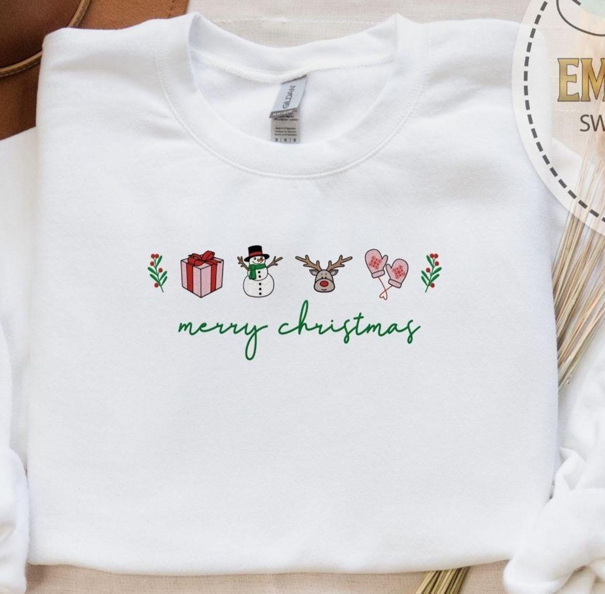 Embroidery Merry Christmas Family Sweatshirt, Embroidered Happy Christmas Coquette Hoodie, Matching Family Sweatshirts, Xmas Icons Apparel