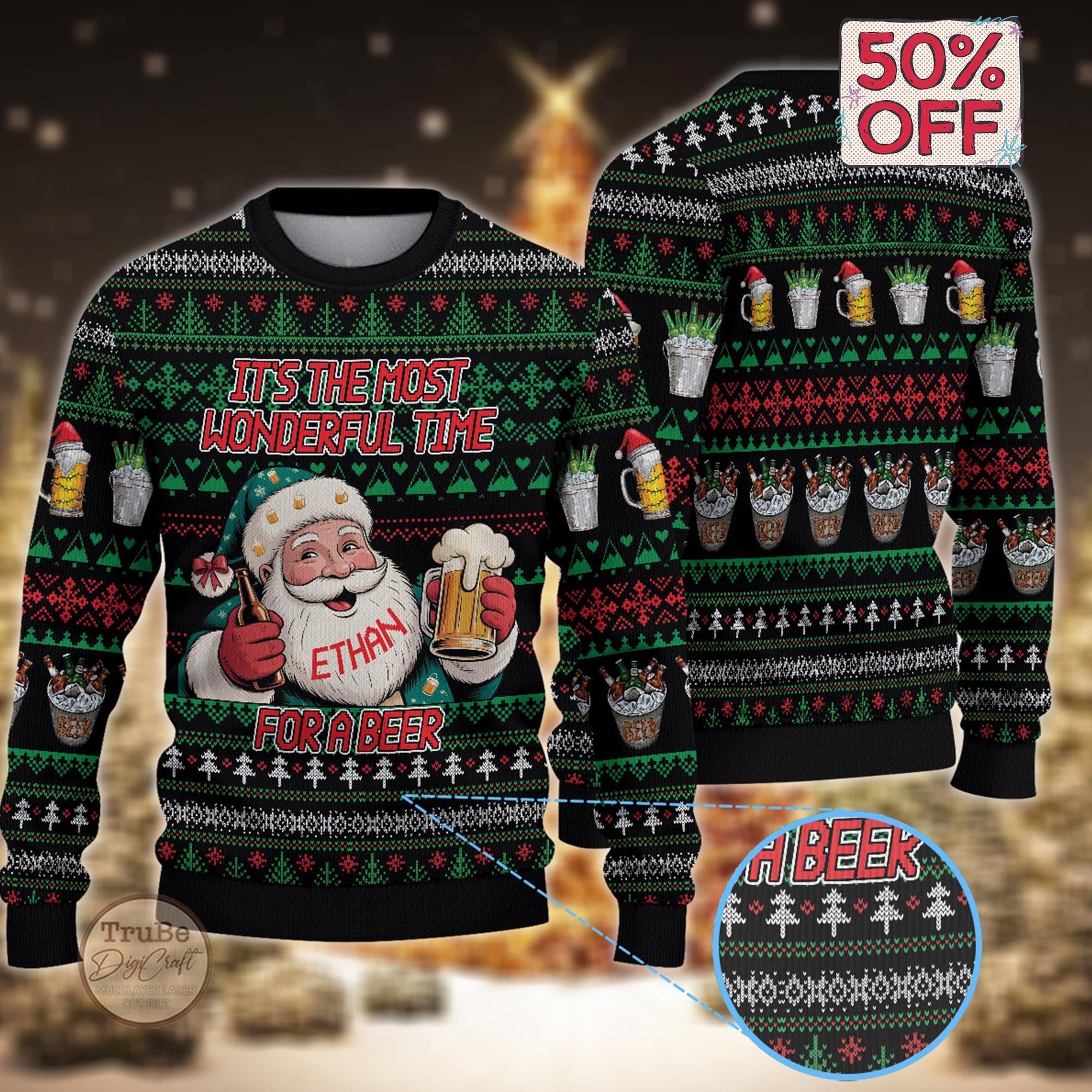It’s The Most Wonderful Time for A Beer Ugly Sweater, Custom Name Santa Beer Christmas Sweater, Holiday Seasonal for Beer Lovers,Dad Sweater