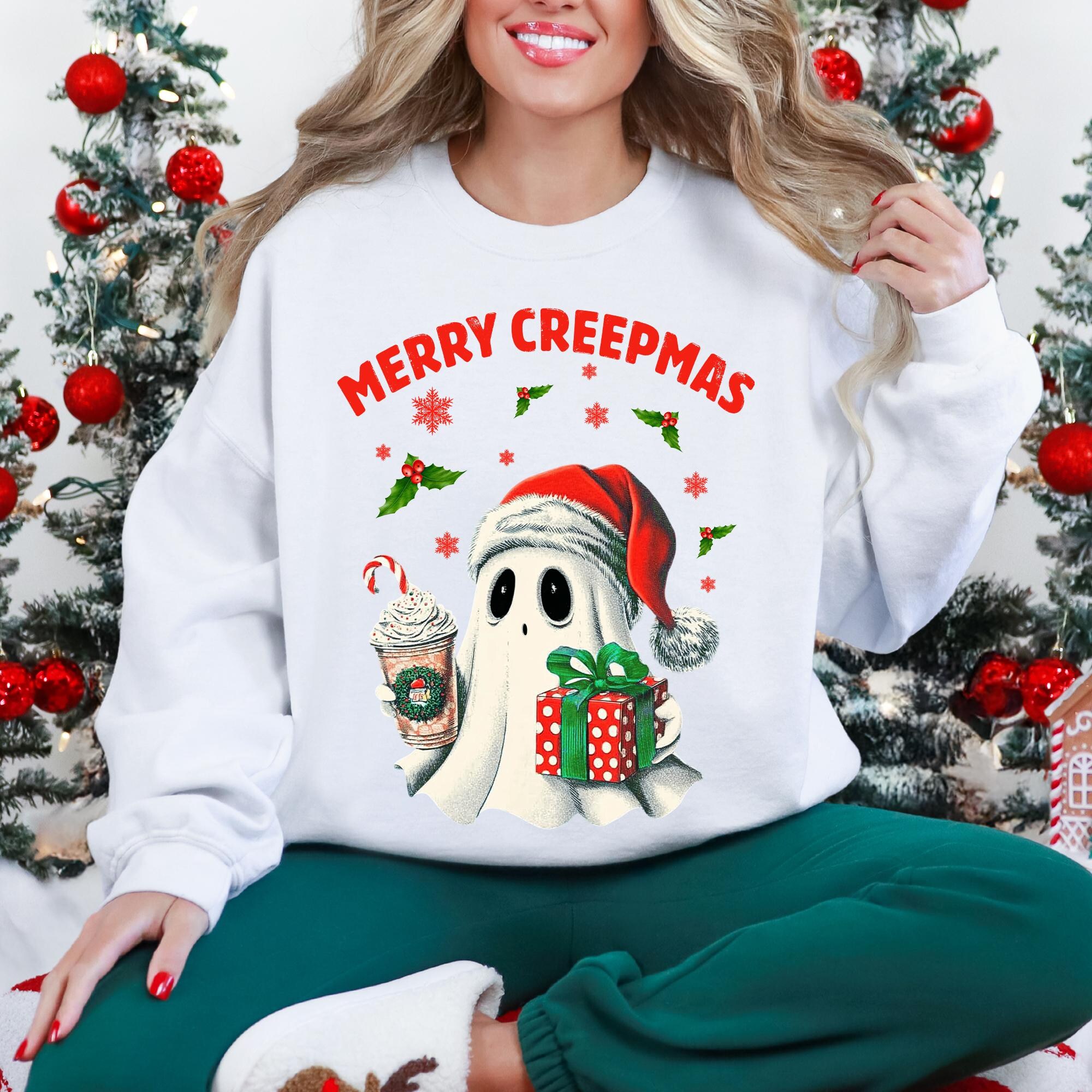 Merry Creepmas Ghost Christmas Shirt, Spooky Christmas Sweatshirt, Retro Ghost With Santa Hat, Halloween Christmas Shirt, Seasons Creepings