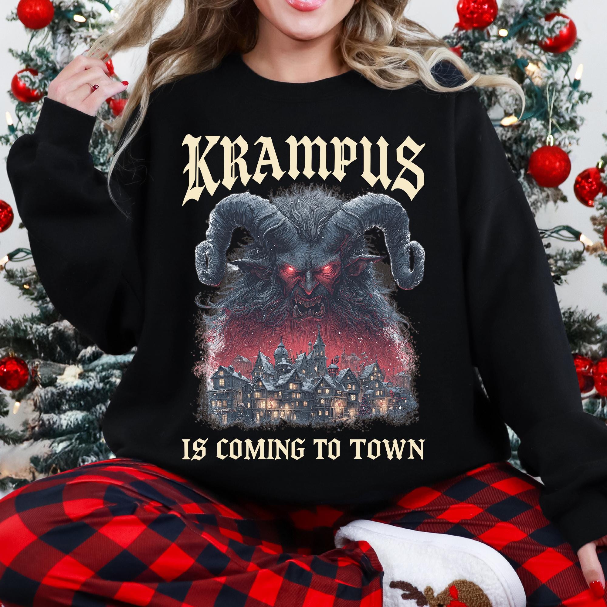 il_2000xN.7324990561_ifcj-2.jpg Krampus Is Coming To Town Sweatshirt, Krampus Christmas, Krampusnacht Night, Christmas Sweatshirt, Creepy Holiday Shirt, Gruss Vom Krampus