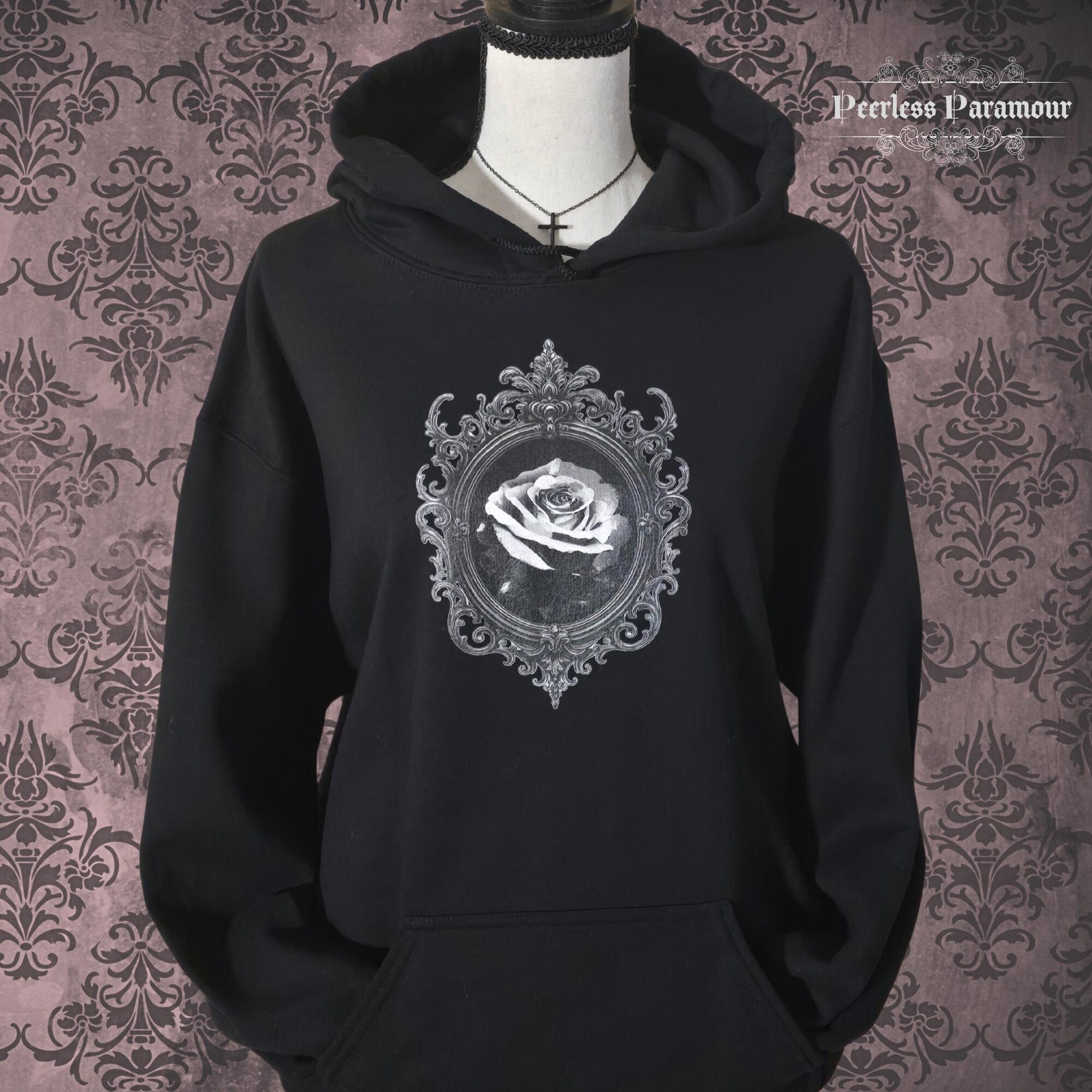 Gothic Rose Hoodie – Dark Victorian Floral Sweatshirt, Romantic Goth Clothing for Women, Casual Fall Hoodie, Feminine Aesthetic Alt Style