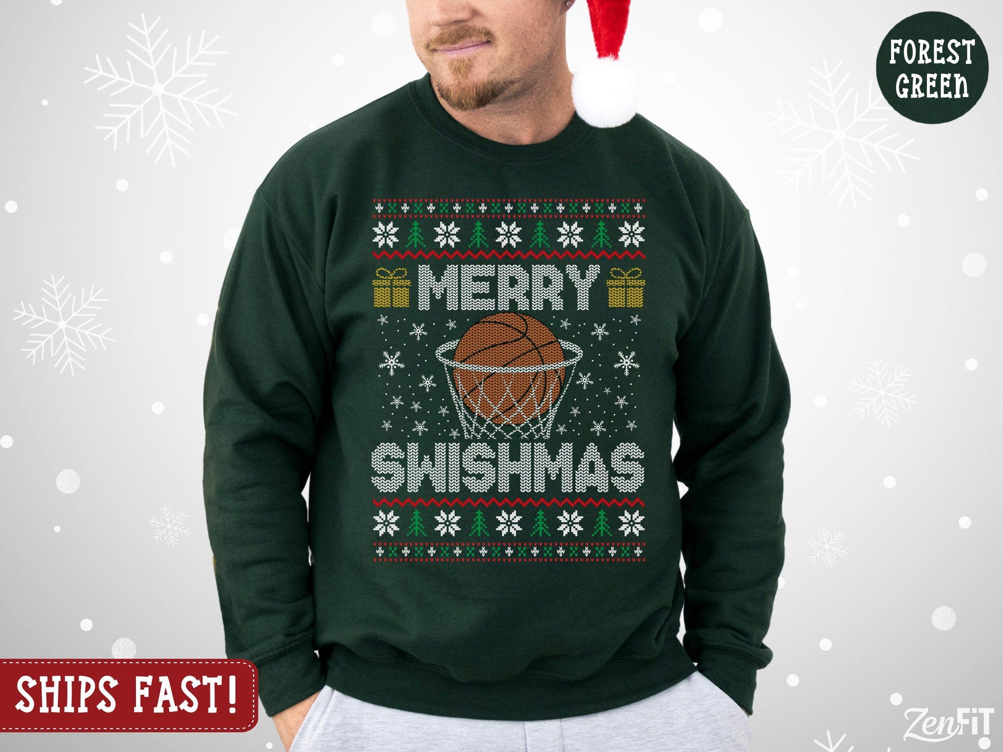 Basketball Christmas Sweatshirt, Merry Swishmas: Cotton and Polyester Blend S-3XL
