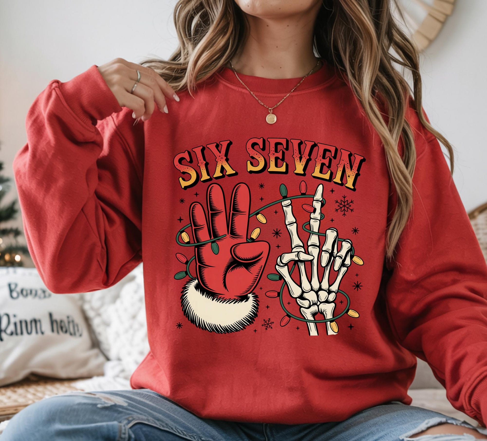 Skeleton Six Seven Christmas Sweatshirt, Funny Holiday Crewneck Retro, Skull Xmas Shirt, Cozy Winter Gift For Friends Family Unisex Pullover