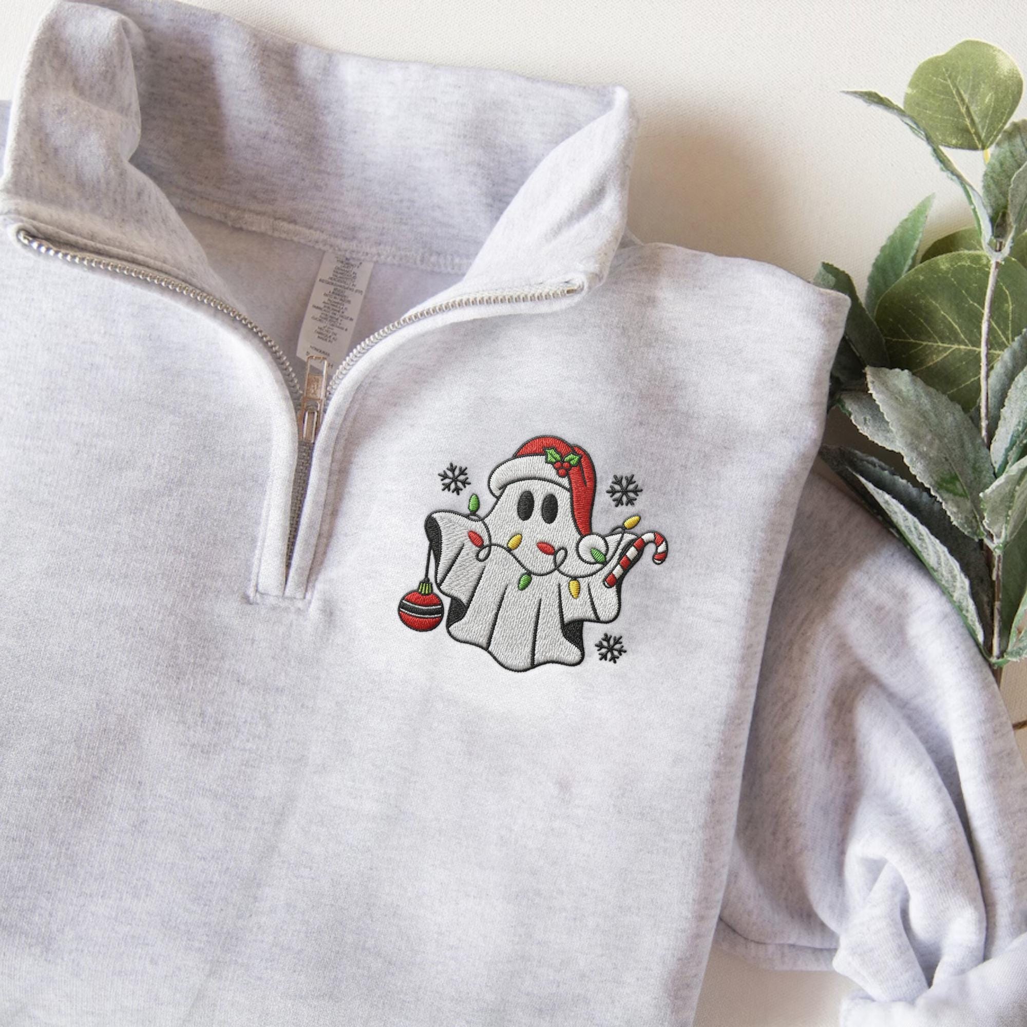 il_2000xN.7329754589_47r6.jpg Christmas Ghost Embroidered Quarter Zip, Festive Holiday Sweatshirt, Christmas Ghost Embroidery, Christmas Shirt for Family, Holiday Gift