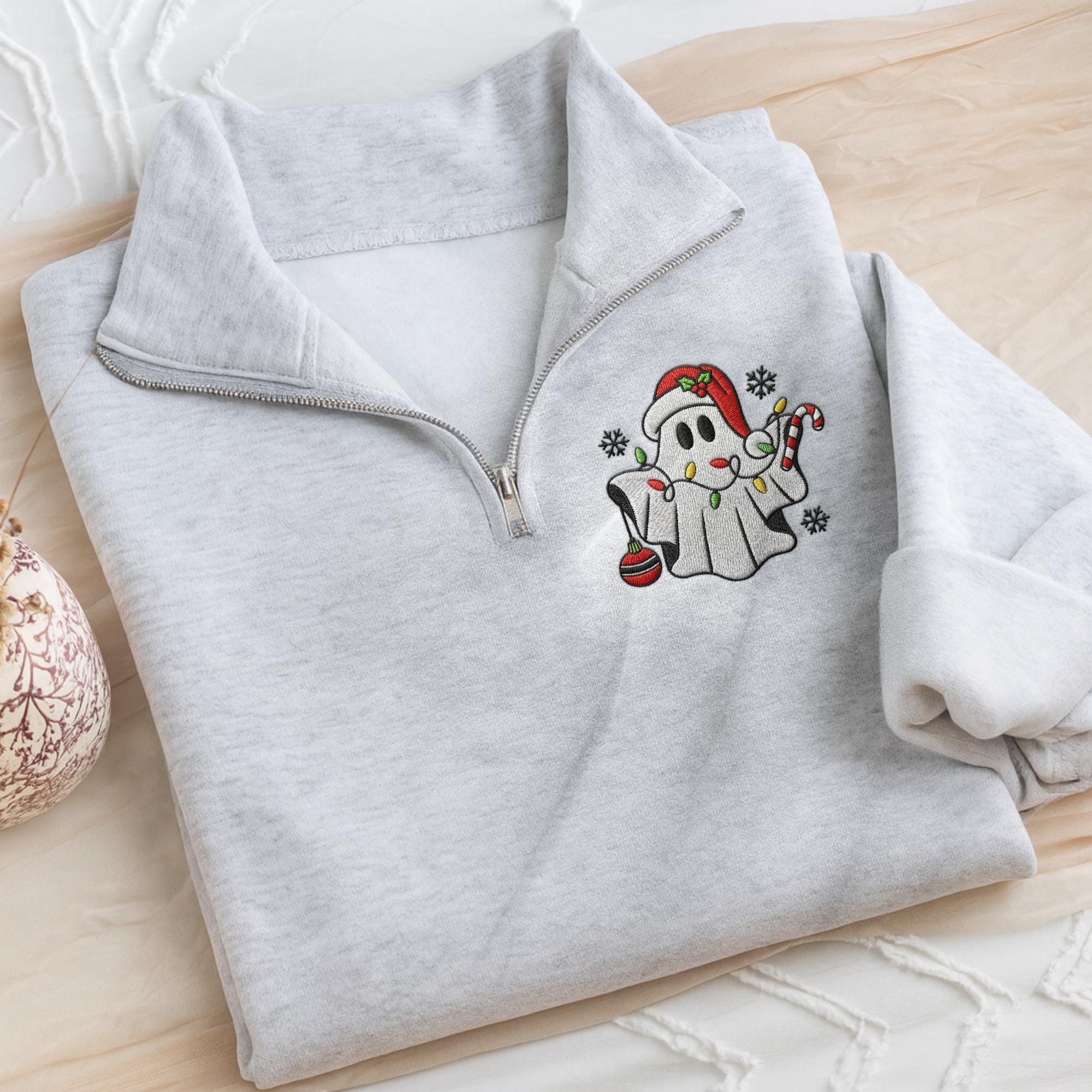 il_2000xN.7329754629_qy1n.jpg Christmas Ghost Embroidered Quarter Zip, Festive Holiday Sweatshirt, Christmas Ghost Embroidery, Christmas Shirt for Family, Holiday Gift