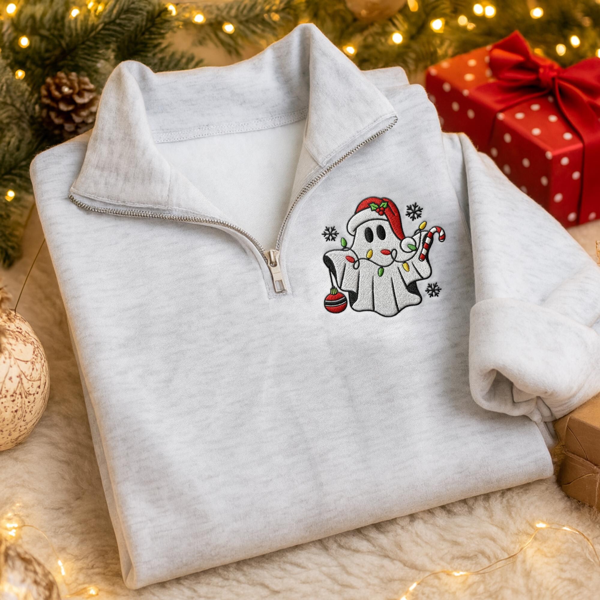 Christmas Ghost Embroidered Quarter Zip, Festive Holiday Sweatshirt, Christmas Ghost Embroidery, Christmas Shirt for Family, Holiday Gift