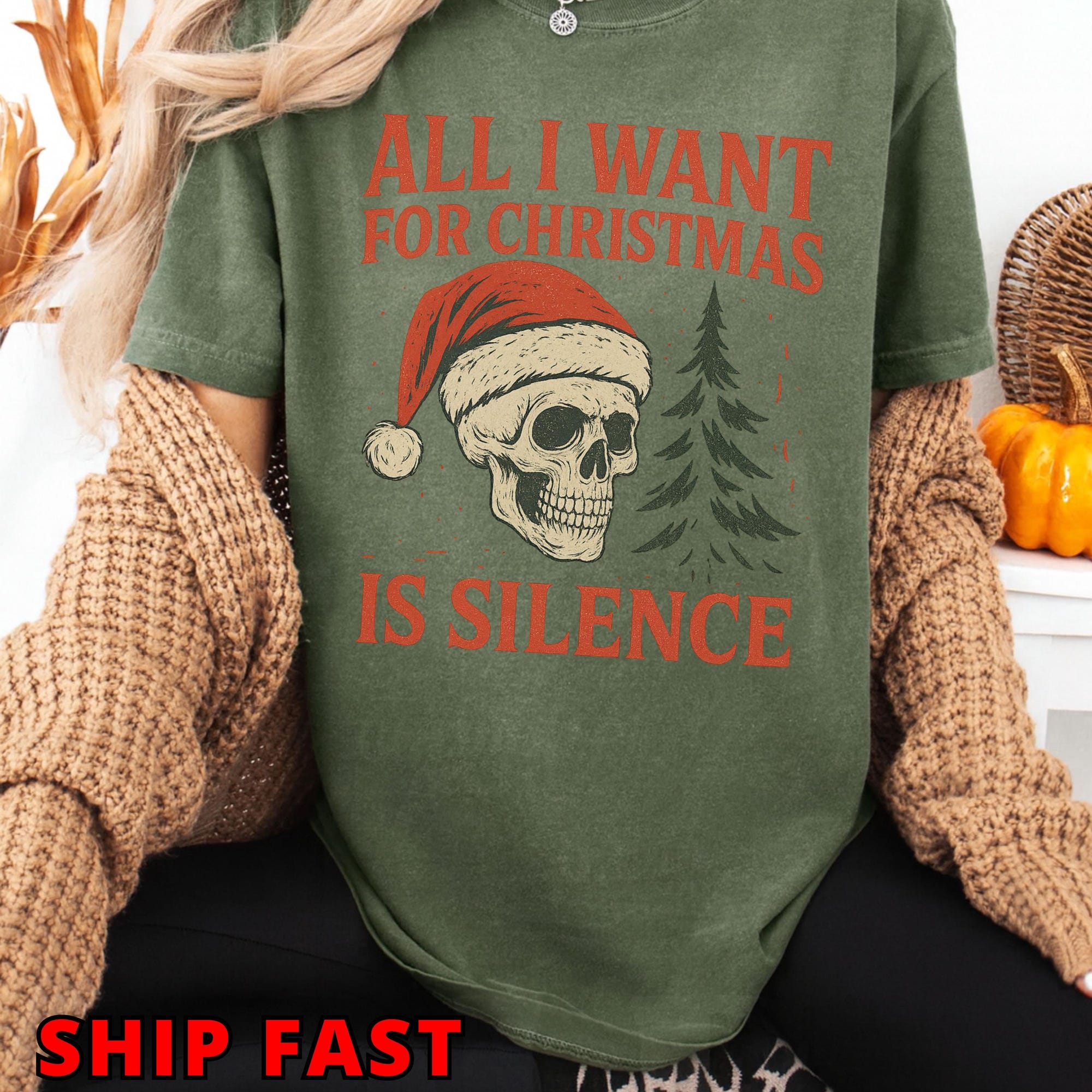 Comfort Colors ® All I Want for Christmas Is Silence Shirt, Gothic Santa Skull Dark Humor Christmas Sweatshirt, Alternative Holiday Bandana