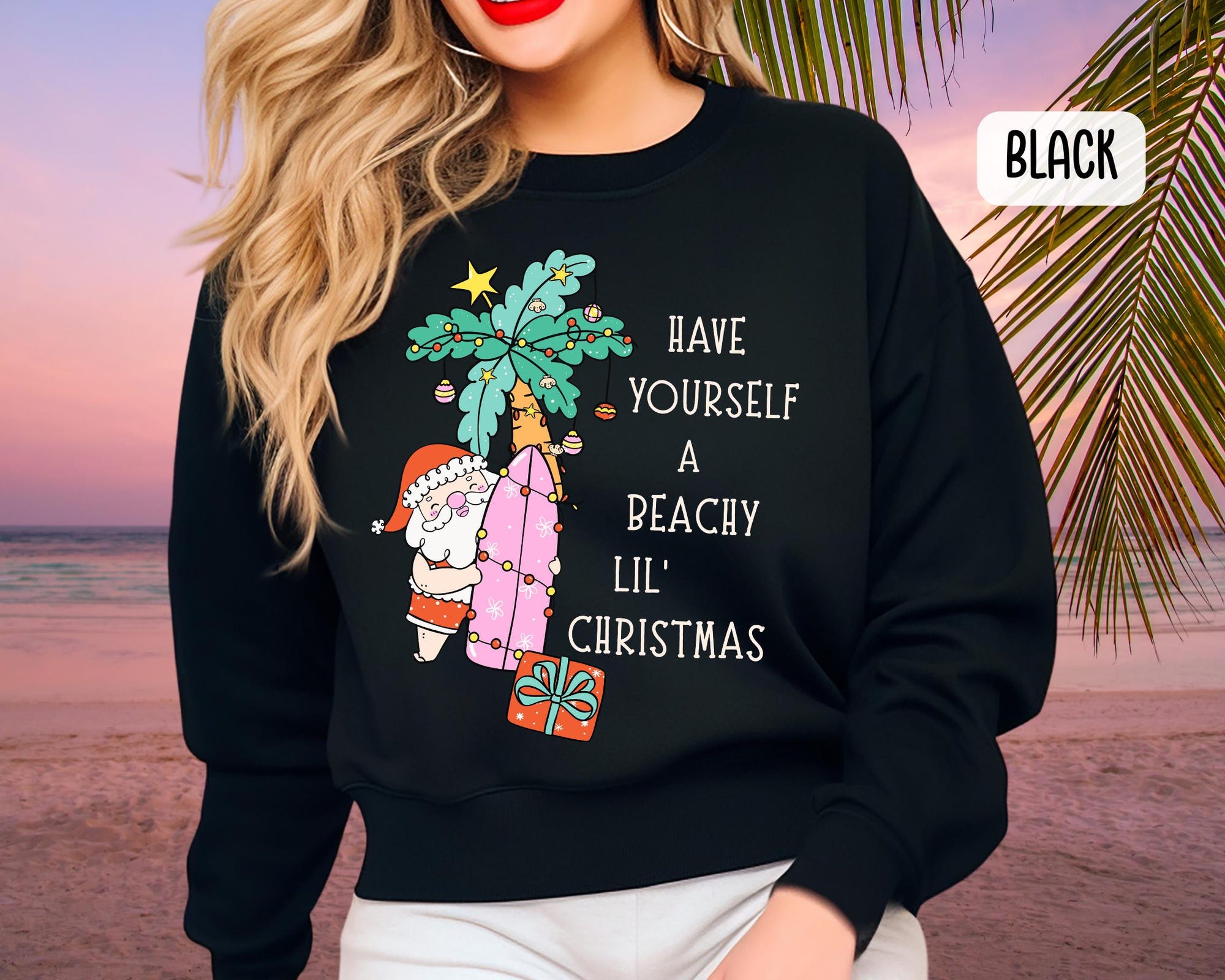Beachy Christmas Sweatshirt – Surfing Santa Top, Funny Coastal Holiday Shirt, Pink Palm Tree Xmas Pullover, Plus Sizing, Tropical Santa