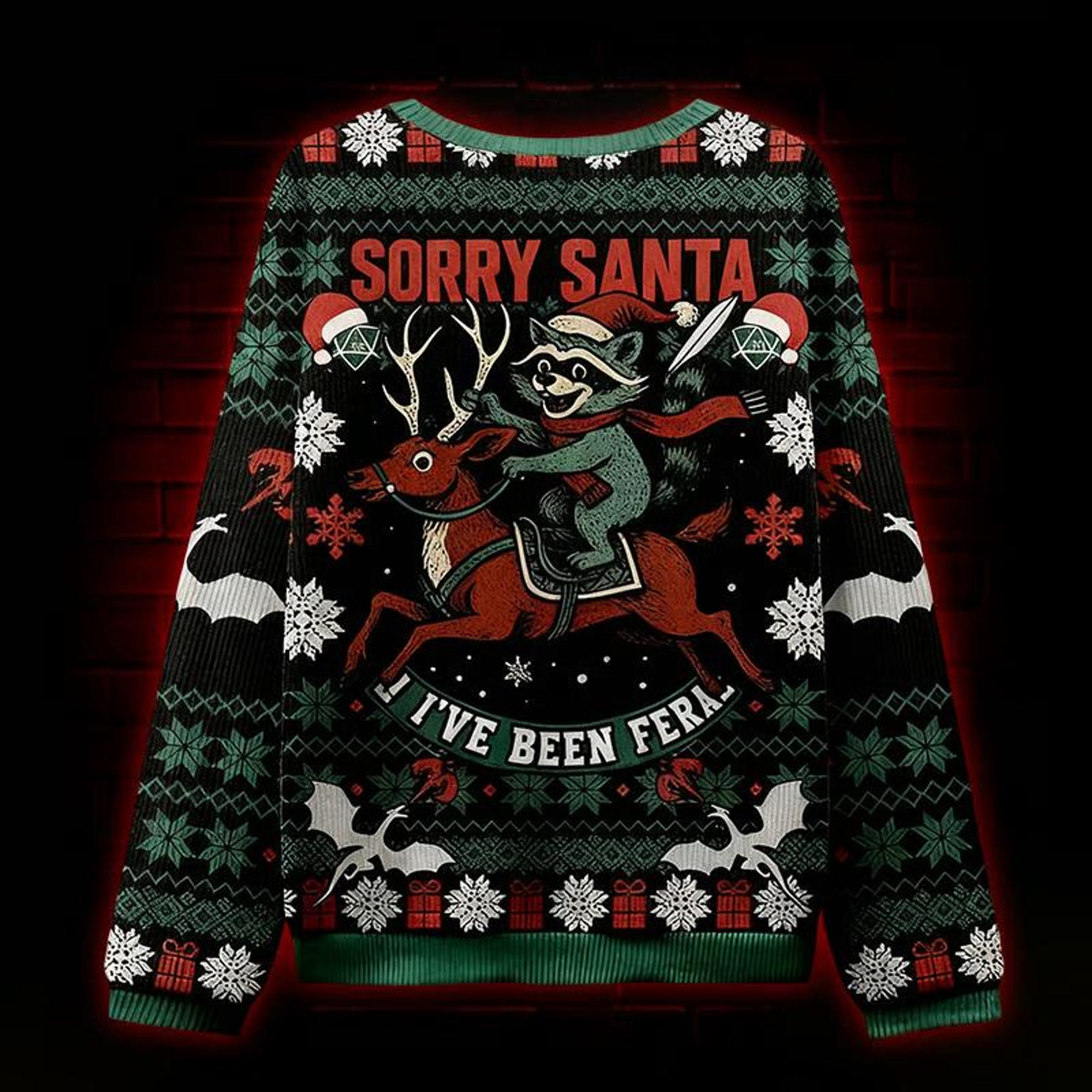 Sorry Santa I’ve Been Feral Christmas Sweater, Funny Raccoon and Reindeer Holiday Knit Pullover, Naughty Christmas Party Outfit Gift for Him