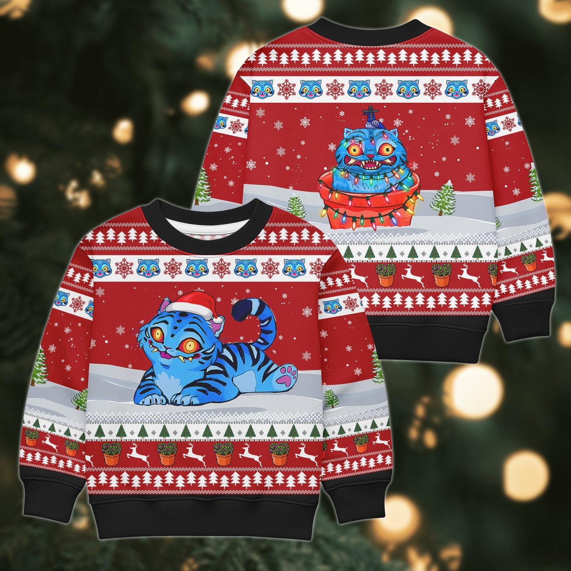 Blue Tiger Ugly Christmas Sweater, Kids Merry Christmas Sweater, Cute Kawaii Gift, Family Xmas Holiday Gift