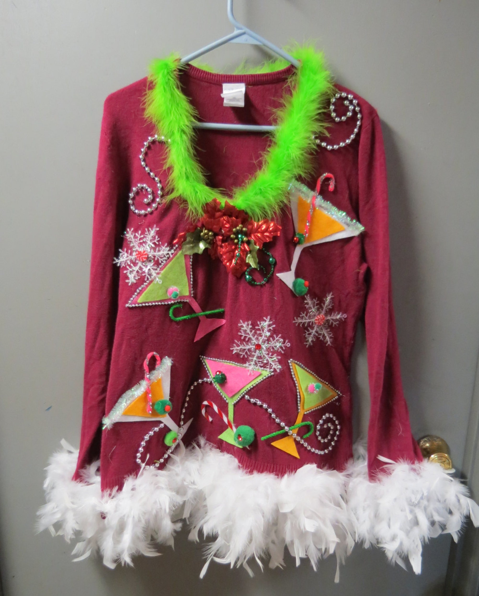 Custom Made Martini Glasses Olives Party! Fun Ugly Christmas Sweater Foo-Foo Feather Boa Glam womens Fun!